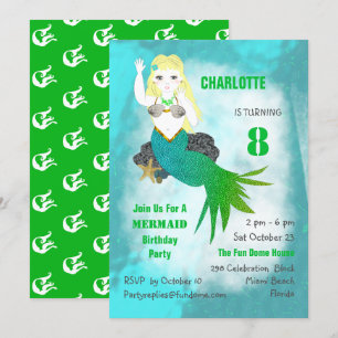 Zwemende zeemeerminnende jute-dag-feest uitnodigen kaart