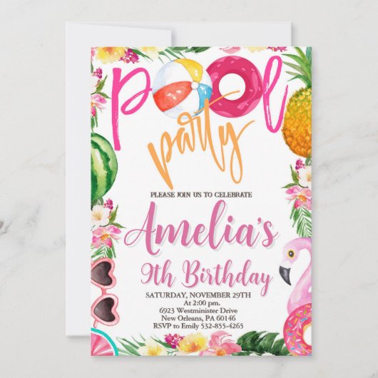 Zwemfeest, zwembadfeest, verjaardag, elke leeftijd kaart (Voorkant)