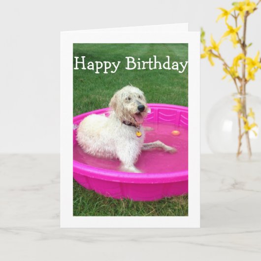 ZWEMHOND ZEGT GELUKKIGE VERJAARDAG / VEEL PLEZIER  KAART (Gele Bloem)