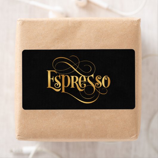 Zwemloos Script Calligraphy Espresso Gold op Black Etiket (Insitu)