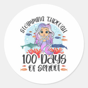 Zwemmen door 100 dagen school - Zeemeermin Ronde Sticker