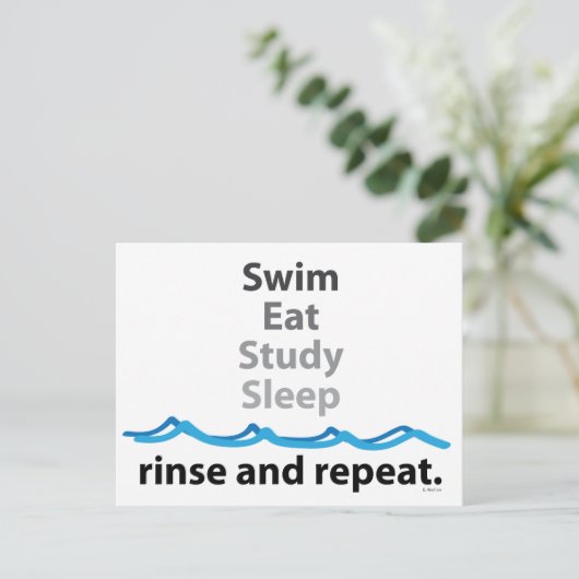 Zwemmen, eten, studeren, slapen ... spoelen en her briefkaart (Staand voorkant)