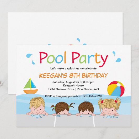 Zwemmen Kinder zwembad verjaardagsuitnodigingen │  Kaart (Voorkant / Achterkant)