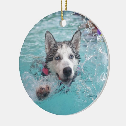 Zwemmen van honden in zwembad keramisch ornament (Links)