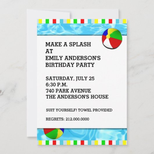 Zwemmen verjaardagsfeestje uitnodigingen (Voorkant)