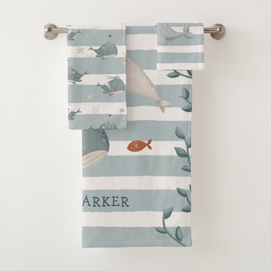 Zwemmen Walvissen Stripe handdoek set met naam (Insitu)