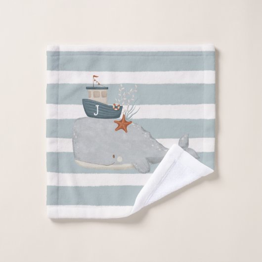 Zwemmen Walvissen Stripe handdoek set met naam (Wasdoekje)