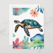 Zwemmen Zee Schildpad Abstracte Waterverf Briefkaart (Voorkant / Achterkant)