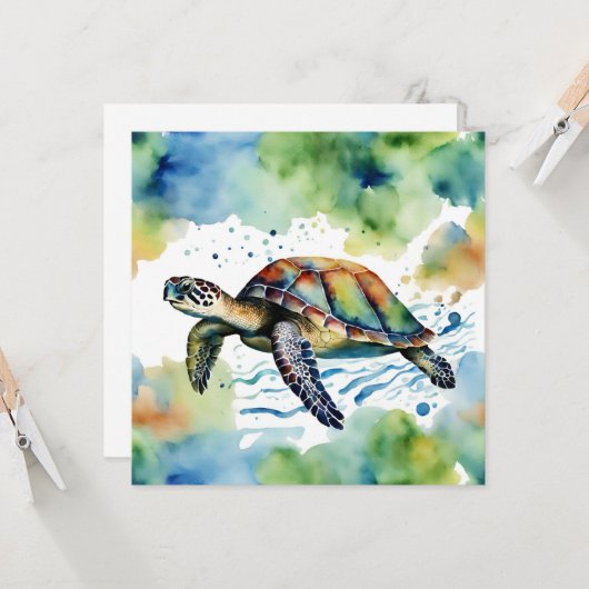 Zwemmen Zee Schildpad Abstracte Waterverf Kaart (Voorkant / Achterkant in situ)