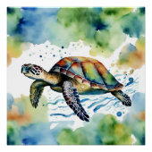 Zwemmen Zee Schildpad Abstracte Waterverf Perfect Poster (Voorkant)