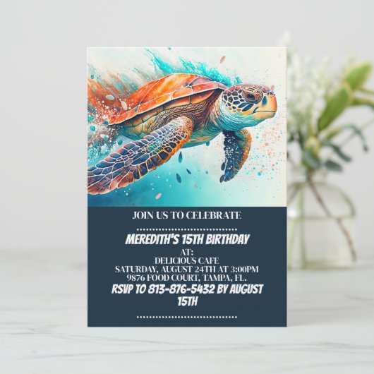 Zwemmen Zee Turtle Verjaardagsfeestuitnodigingen Kaart (Staand voorkant)