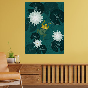 Zwemmende kikker in waterleliesvijver bij nacht -  poster