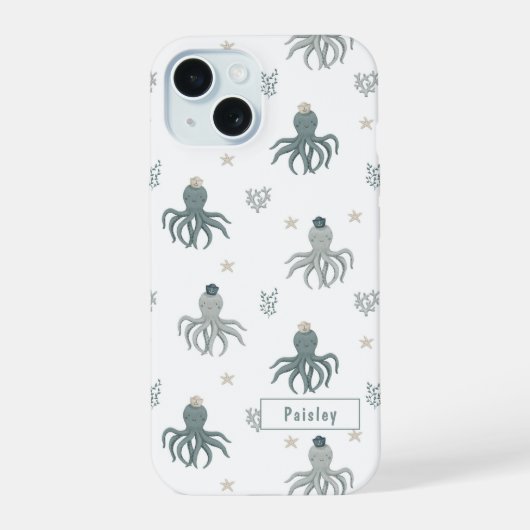 Zwemmende Octopus met naam iPhone 15 Case (Achterkant)