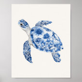 Zwemmende Zee Schildpad – Coastal Blue op Beige Poster (Voorkant)