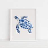 Zwemmende Zee Schildpad – Coastal Blue op Beige Poster