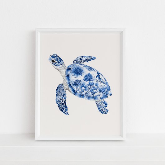 Zwemmende Zee Schildpad – Coastal Blue op Beige Poster
