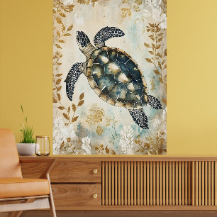zwemmende zeeschildpad omringd door bloemmotieven. poster