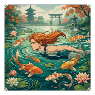 Zwemmer in Koi Vijver Perfect Poster