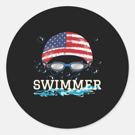 Zwemmer Zwemmen Sport USA Flag Pet Ronde Sticker (Voorkant)