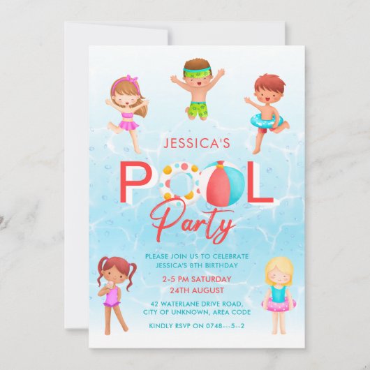 Zwempoolpartij Kinderen Aanwezige uitnodiging (Voorkant)