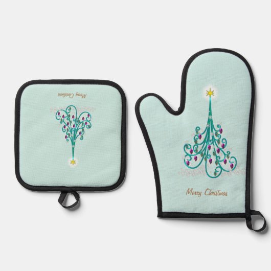 Zwemrijke kerstboom ovenwant & pannenlap set (Voorkant)