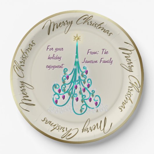 Zwemrijke kerstboom papieren bordje (Voorkant)