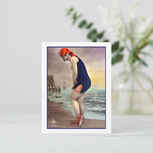 Zwemschoonheid in marine en sinaasappel briefkaart (Staand voorkant)