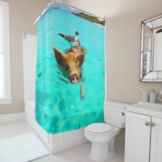 Zwemvarkens met vogel in Bahama's Douchegordijn (In situ)