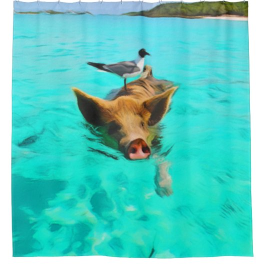 Zwemvarkens met vogel in Bahama's Douchegordijn (Voorkant)
