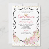 Zwemzwart Lijst Roze Floral Quinceanera Kaart (Voorkant)