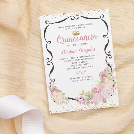 Zwemzwart Lijst Roze Floral Quinceanera Kaart