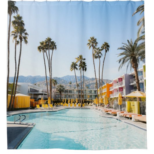 Zwemzwembad bij palmbomen 's ochtends douchegordijn (Voorkant)