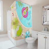 Zwemzwembad meisje op strand bikini douchegordijn (In situ)