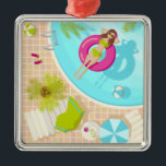 Zwemzwembad meisje op strand bikini metalen ornament<br><div class="desc">De tropische zomer met een meisje in een zwembad</div>