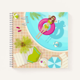 Zwemzwembad meisje op strand bikini notitieboek