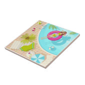 Zwemzwembad meisje op strand bikini tegeltje (Zijkant)