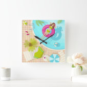 Zwemzwembad meisje op strand bikini  vierkante klok (Huis)