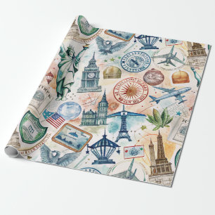Zwerf Wereld Reis Stempel Patroon (6) Cadeaupapier