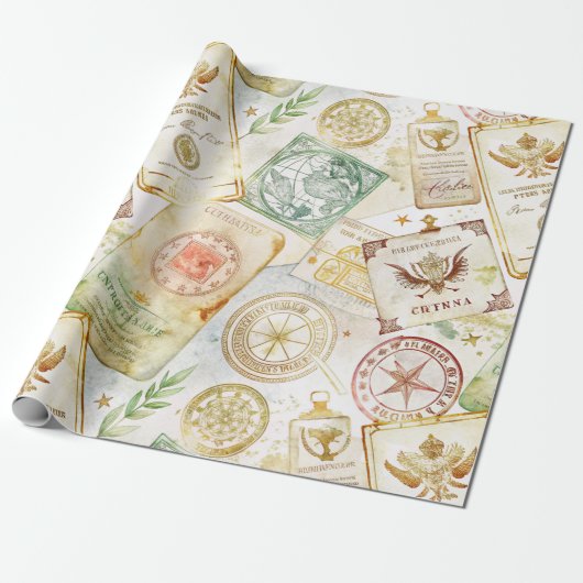 Zwerf Wereld Reis Stempel Patroon (7) Cadeaupapier (Uitgerold)