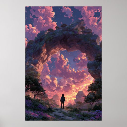 Zwerver bij Sunset Arch Fantasielandschap Poster (Voorkant)