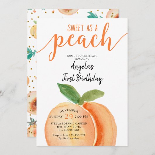 Zweten als een peach Girl First Birthday Kaart (Voorkant / Achterkant)
