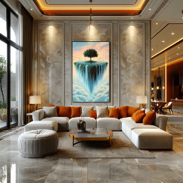 Zwevend eiland met bomen en watervallen - Surreal Poster