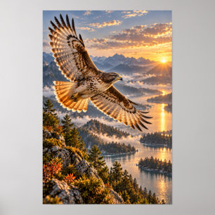 Zwevende Havik Boven Bergmeren bij Zonsondergang N Poster