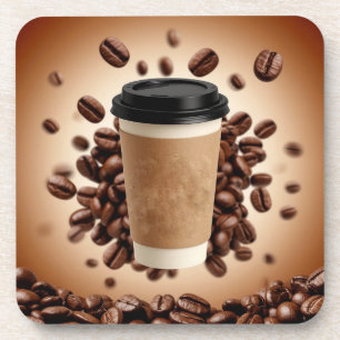 Zwevende koffiekop met koffiebonen bier onderzetter