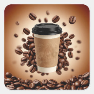 Zwevende koffiekop met koffiebonen vierkante sticker