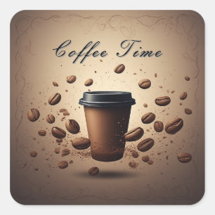 Zwevende koffiekop met koffiebonen vierkante sticker