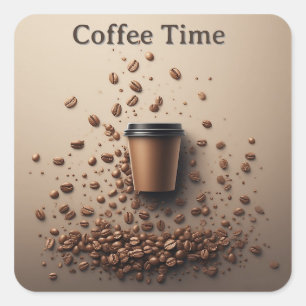 Zwevende koffiekop met koffiebonen vierkante sticker