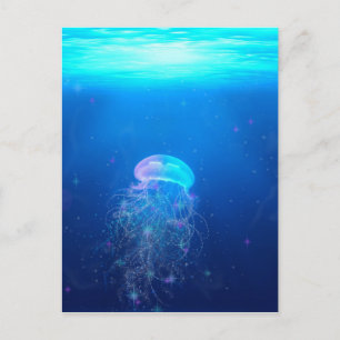 Zwevende lichtgevende blauwe kwal in mystieke ocea briefkaart