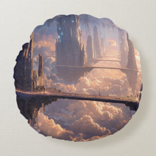 Zwevende metropolis in de wolken rond kussen