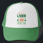 Zwijg de lever Je bent prima grappig St. Patric Qu Trucker Pet<br><div class="desc">Zwijg Lever je bent prima,  grappig St. Patrick citaat typografie met shamrock en biervlek in groen op sinaasappel.  naam in sinaasappel.</div>